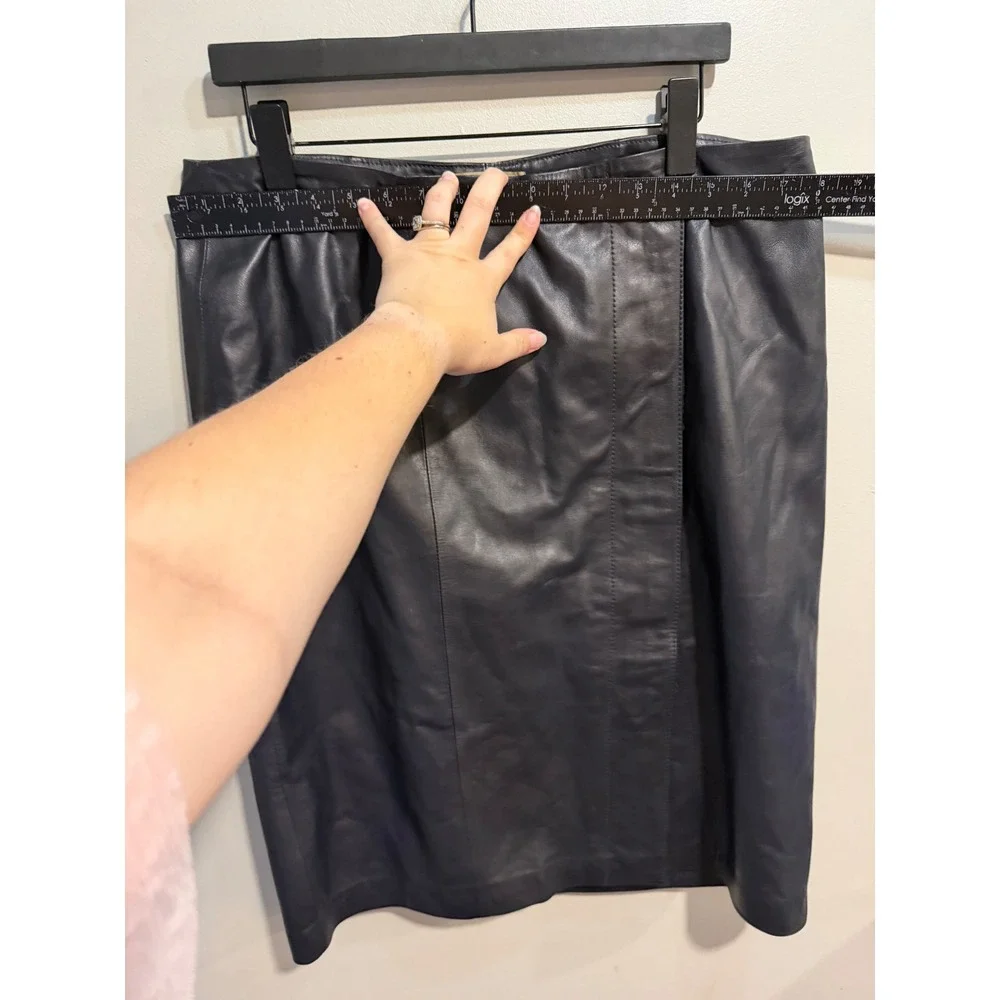 Talbots Womens Navy Blue Leather Pencil Skirt Wrap Front Size 14 Knee Length